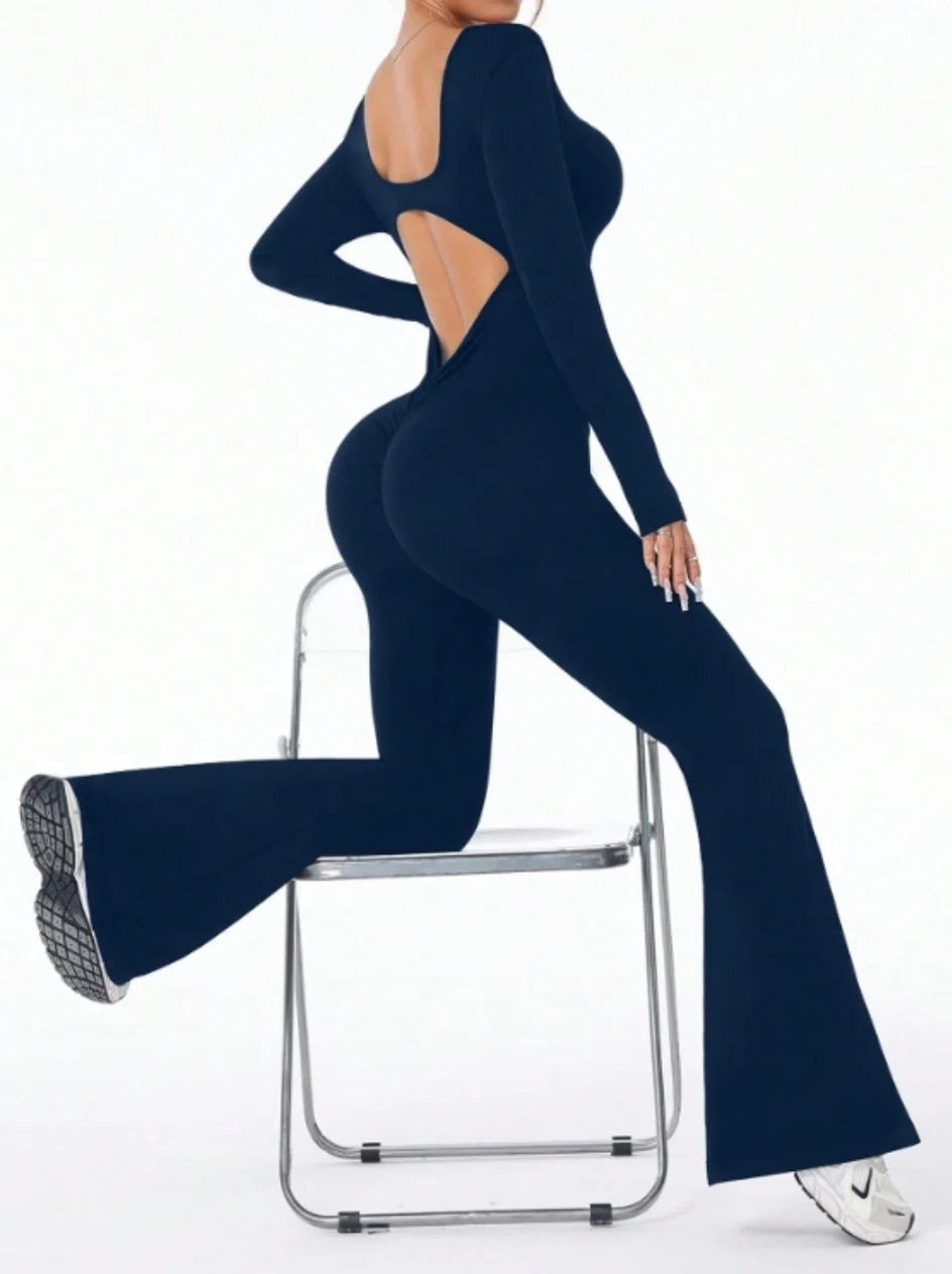 High Quality Solid Color Long Sleeve Compression Jumpsuit with Bell Bottom Pants Women’s Yoga Sportswear Push Up Set
