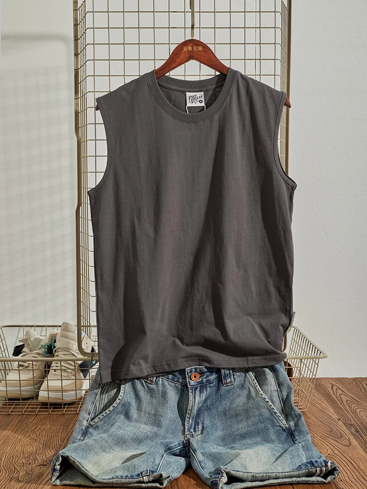 Summer New American Retro Sleeveless O-neck Soild Color T-shirt Men's Fashion 100% Cotton Washed Old Casual Sports Vest Tops