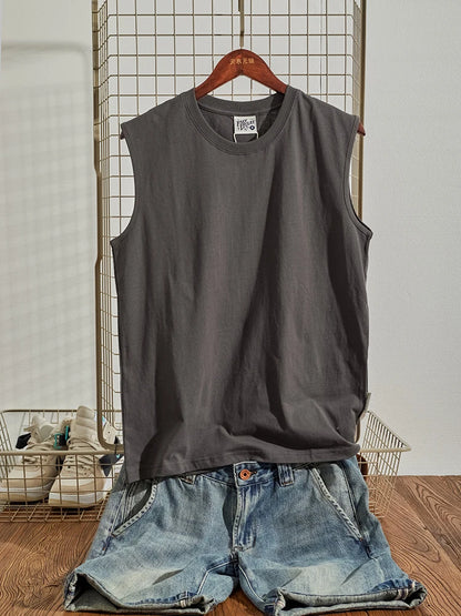 Summer New American Retro Sleeveless O-neck Soild Color T-shirt Men's Fashion 100% Cotton Washed Old Casual Sports Vest Tops