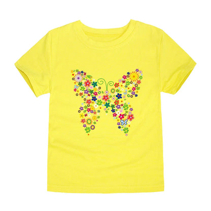 Butterfly Flower T Shirt for Girls 2 to 3 4 5 6 7 8 9 10 11 12 Years Summer Clothes 100% Cotton Tee Shirts Yellow Purple Tshirts