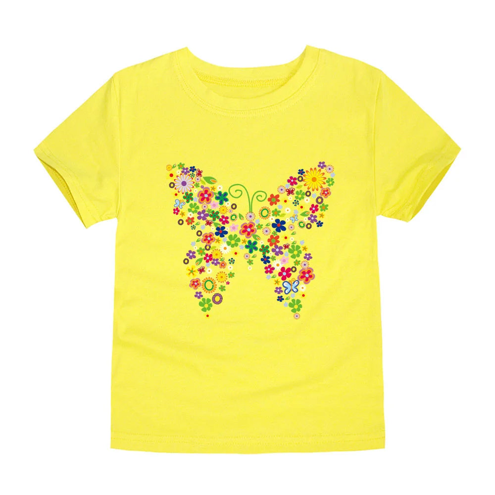 2024 New Kids Girls T-shirt Teen 100% Cotton Flower Butterfly Tshirt Green White Korean Summer Tops Clothing 2 4 6 8 10 12 Years