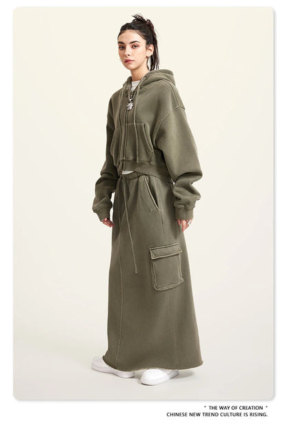 ZODF Retro 2025 Winter Women Short Zipper Hoodies Female Girls Loose 355gsm Thick Fleece Hooded Zip-up Coat Streetwears HY0448