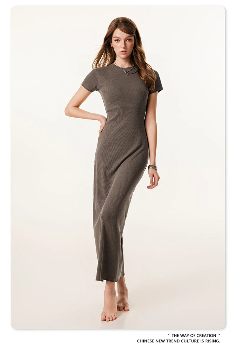 ZODF Sexy 2025 Spring Women 275gsm Long Dress Female Girls O Neck Washed Distressed Slim Slit Fit Dresses HY1008