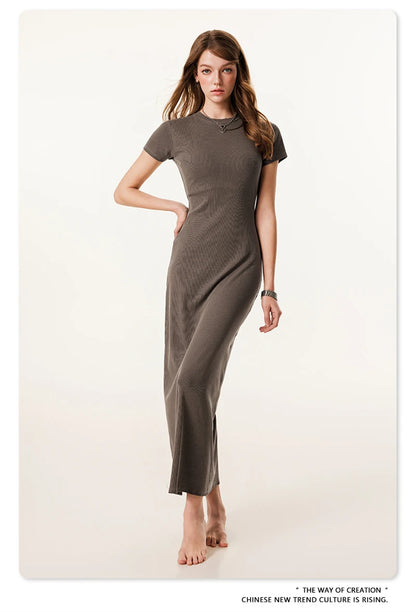 ZODF Sexy 2025 Spring Women 275gsm Long Dress Female Girls O Neck Washed Distressed Slim Slit Fit Dresses HY1008