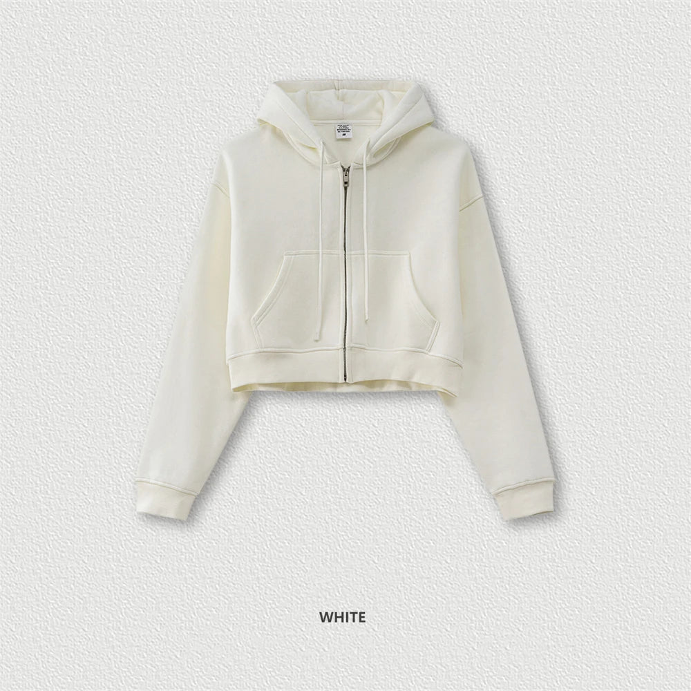 ZODF 2024 Winter Women Zipper Crop Hoodies Female Girls Solid 345gsm Warm Fleece Short Hooded Zip-Up Coat HY0911