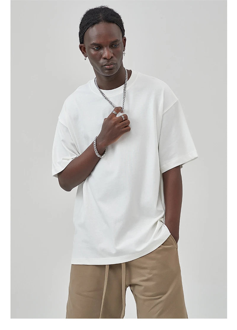 ZODF New Summer Men 100% Cotton Solid T Shirts Unisex High Street Heavy Weight 305gsm Oversized FG Noshrink T-Shirt Tops HY0165