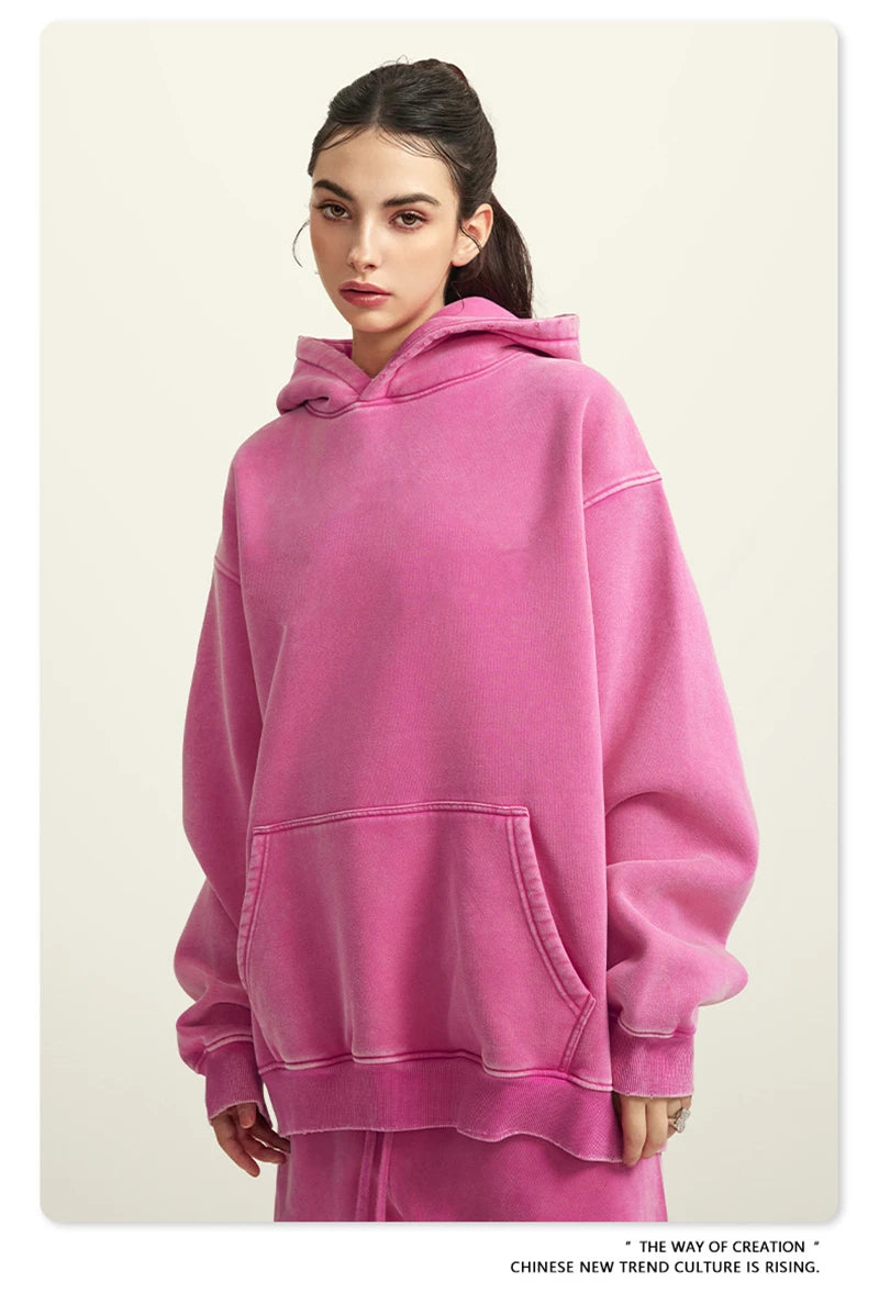 ZODF Winter Autum Men's Washed 400gsm Fleece Hoodies Unisex Couple Retro Oversized Ripped Hooded Sweatshirts Pullovers HY0652