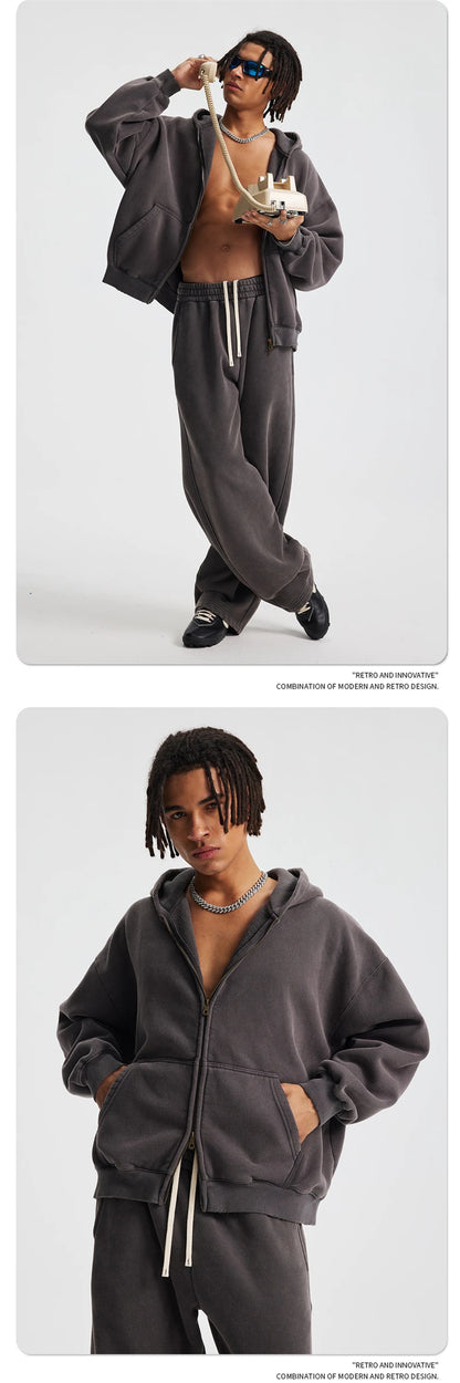 ZODF New 2025 Winter Man's Fleece Zipper Hoodies Unisex Retro 370gsm Loose Boxy Batik Washed Hooded Coats Sweatshirts HY1164