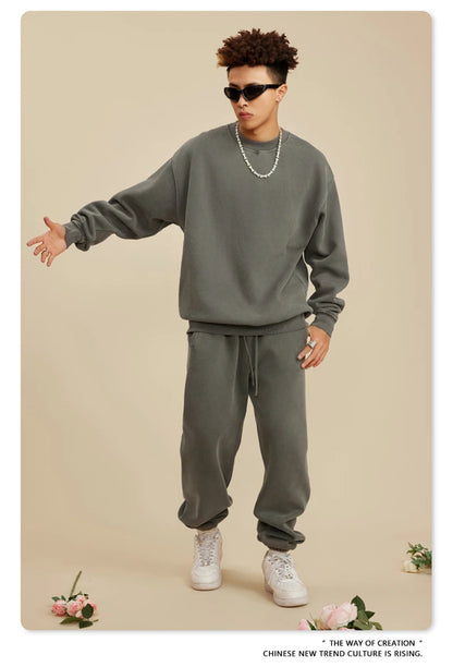 ZODF New Men Winter 355gsm Washed Fleece Sweatshirts Retro Unisex Oversized Solid O-Neck Warm Pullovers Coat Streetwears HY0639