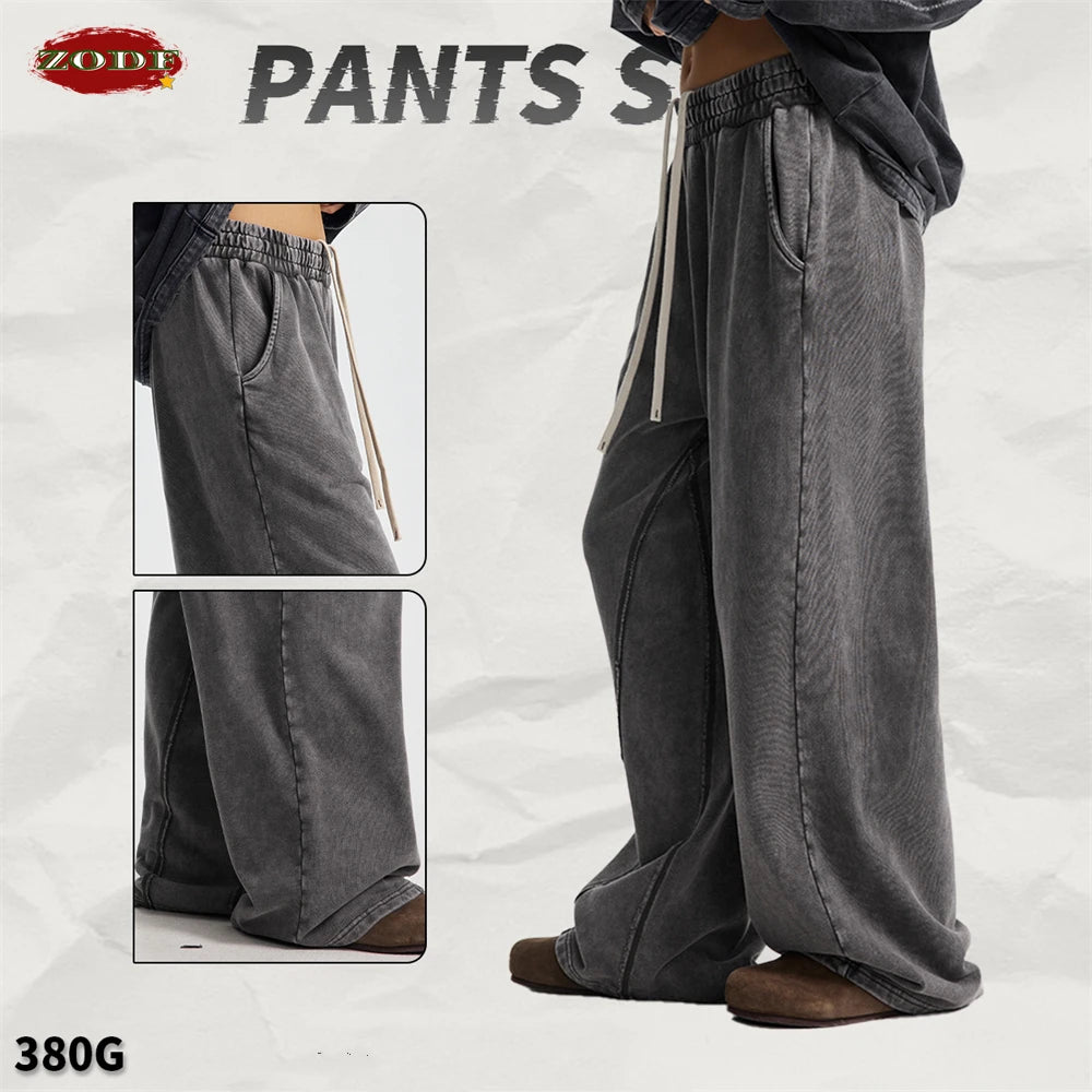 ZODF Retro 2025 Autumn Men 380gsm Washed Cotton Pants Unisex Distressed Loose Terry Sport Trousers Sweatpants HY1079