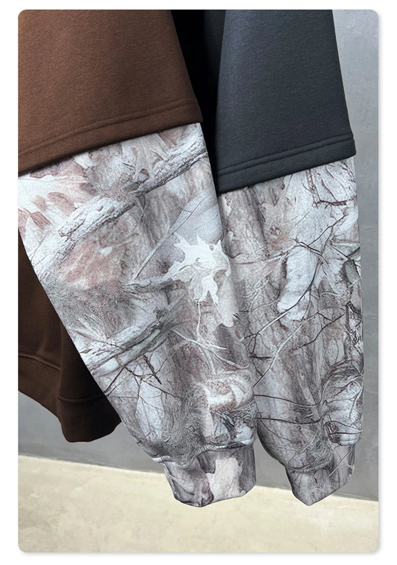 ZODF Fashion Winter Fake 2-Piece 340gsm Fleece Hoodies For Men Unisex High Street Camouflage Sleeve Hooded Pullovers HY1153
