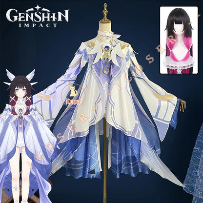 Genshin Impact Columbina Cosplay Costume Wig The Damselette Dress Headwear Eleven Fatui Harbingers Halloween Party Women Girls