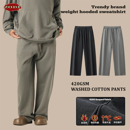 ZODF Retro High Street 420gsm Cotton Straight Pants For Man Unisex Loose Fit Distressed Sport Trousers Sweatpants HY0051