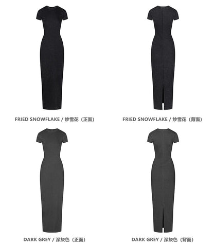 ZODF Sexy 2025 Spring Women 275gsm Long Dress Female Girls O Neck Washed Distressed Slim Slit Fit Dresses HY1008
