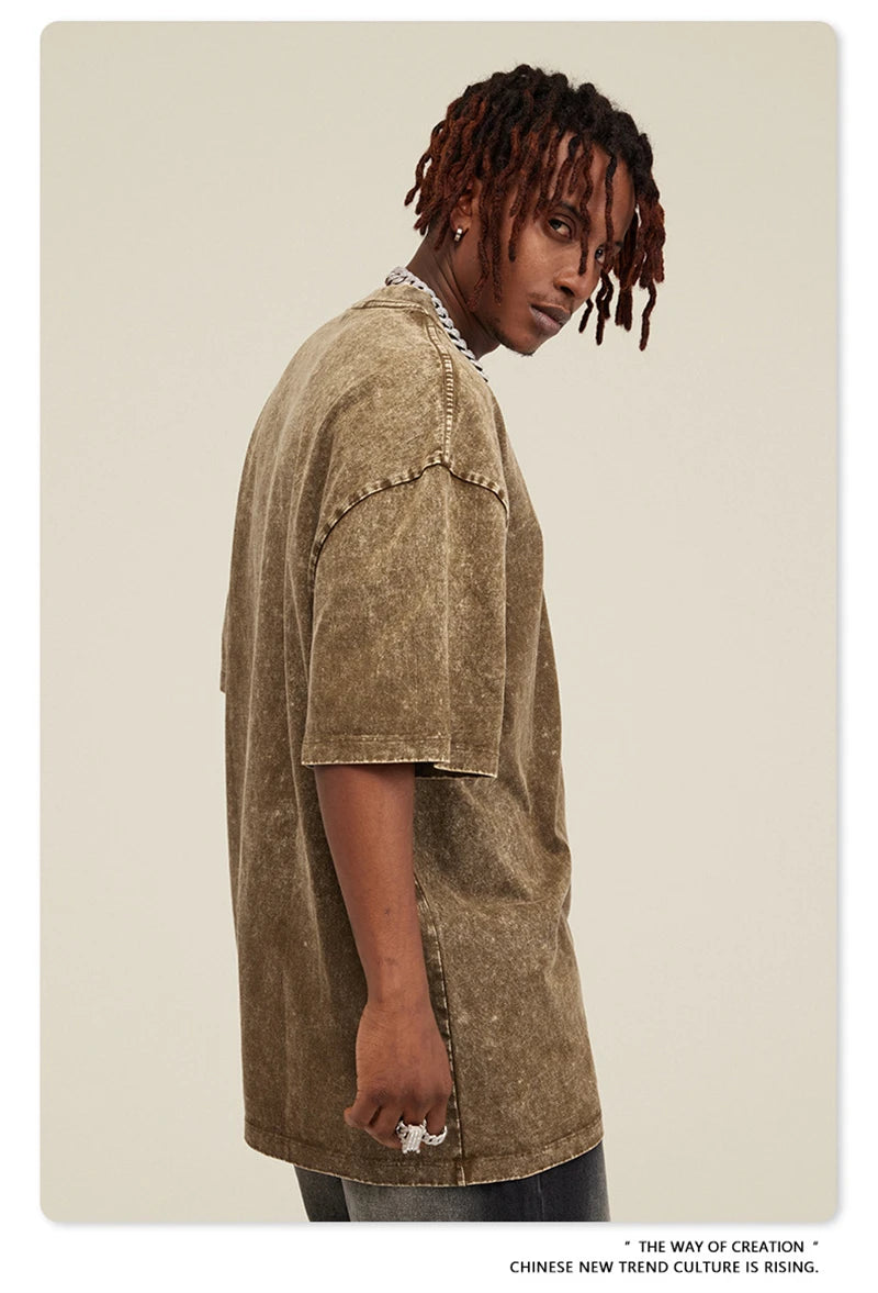 ZODF New Summer Men Washed Batik Cotton T Shirts Unisex American Retro High Street 270gsm Short Sleeve Tees Streetwear HY0489