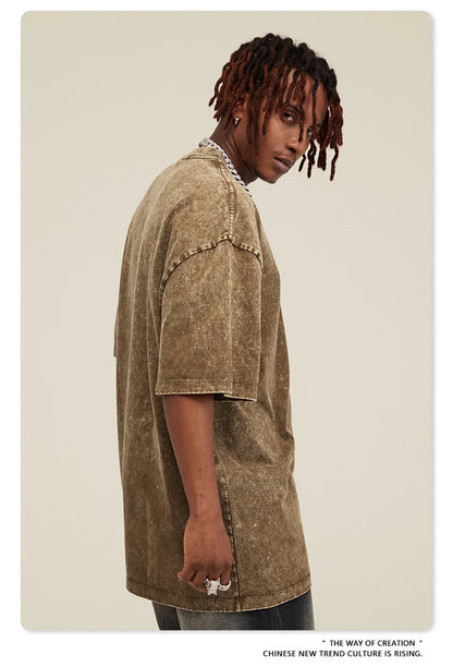 ZODF New Summer Men Washed Batik Cotton T Shirts Unisex American Retro High Street 270gsm Short Sleeve Tees Streetwear HY0489