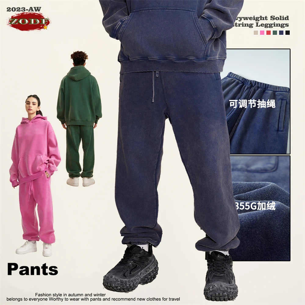 ZODF Winter Men Washed Thick Fleece 400gsm Loose Fit Joggers Sweatpants Streetwear HY0668