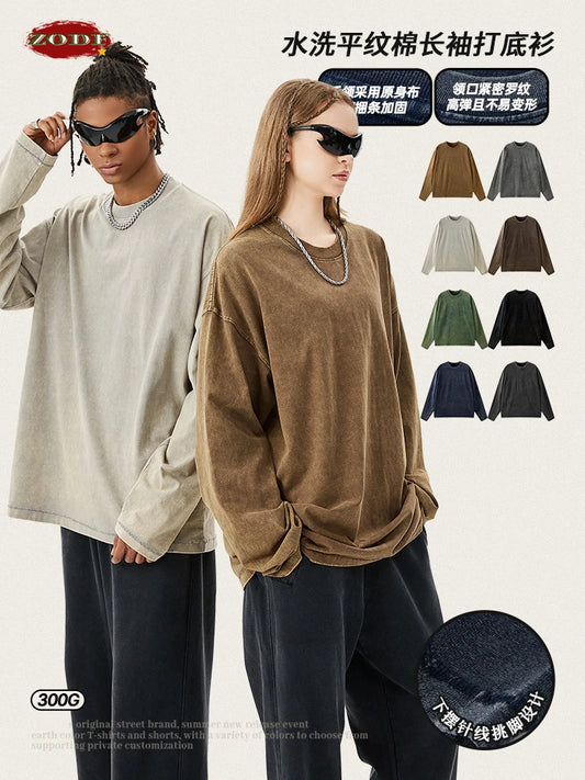 ZODF Retro Autumn Men Washed 300gsm Cotton T-Shirt Vintage Unisex Oversized Long Sleeve O-Neck T Shirt Tees Brand Tops HY0963