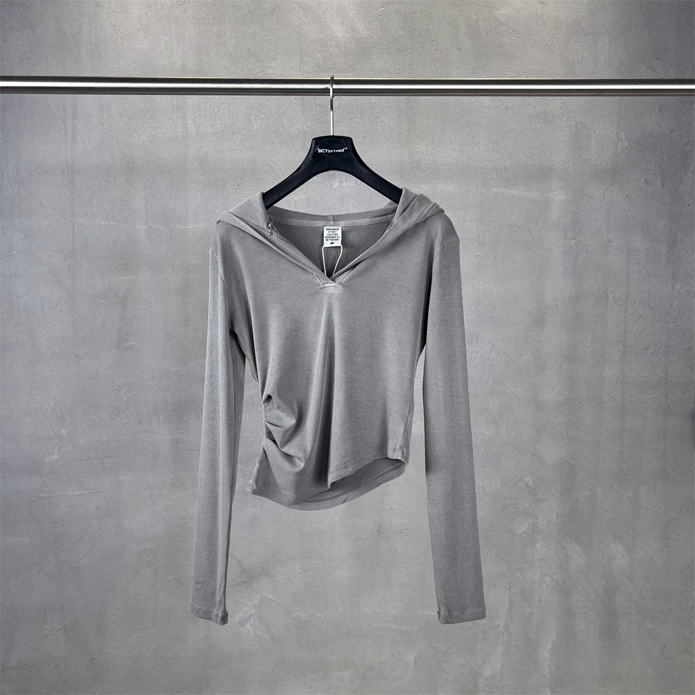 ZODF Sexy Women Autumn Washed 275gsm Hooded T Shirt Ladies Girls Slim Fit Distressed Side Pleated T-Shirts Tees HY1149