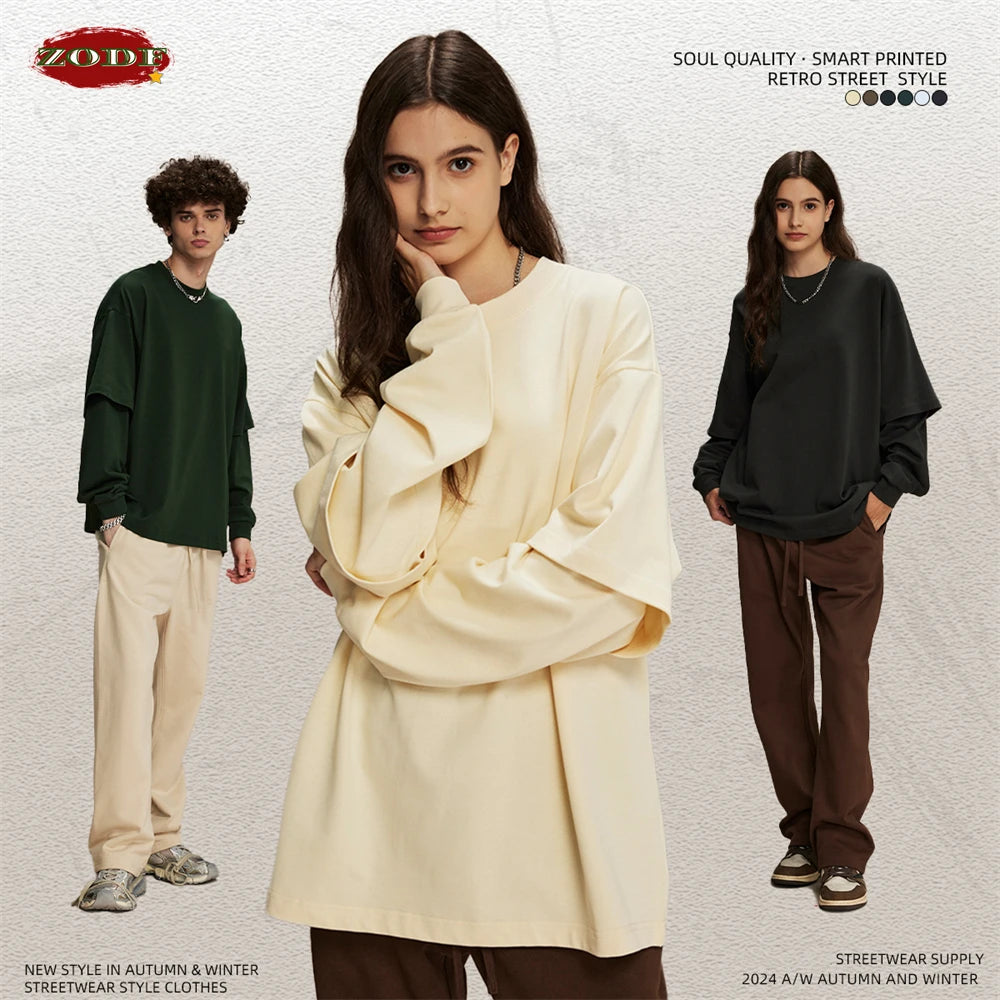 ZODF Fashion Spring Autumn Men 100% Cotton T-Shirt Unisex Fake 2-Piece 305gsm Solid Full Sleeve O Neck T Shirt Brand Tees HY0925