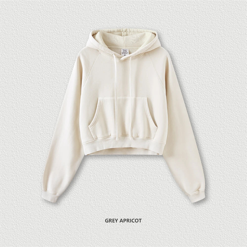 ZODF Women Hotsweet 2025 Winter Washed Fleece Crop Hoodies Girls Oversized Raglan Sleeve 400gsm Hooded Pullovers HY0648