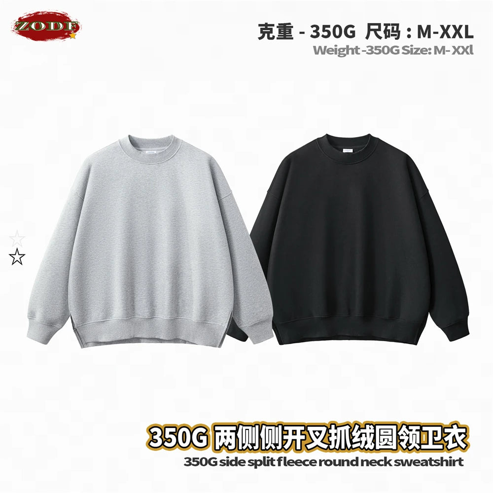 ZODF Fashion Men Winter Side Split Fleece Sweatshirt Winter Unisex Oversized 350gsm O Neck Warm Pullovers Brand Clothing HY0058