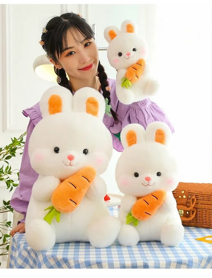25-50cm Adorable Fuzzy Bunny Hold Carrot Plush Toy Stuffed White Rabbit with Foods on Hand Kids Hug Cuddly Plushie for Children