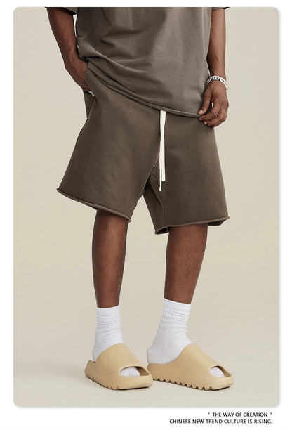 ZODF New Summer Men Retro Washed Shorts Unisex Drawstring Loose Edge 420gsm Solid Knee Length Cotton Pants Streetwears HY0589