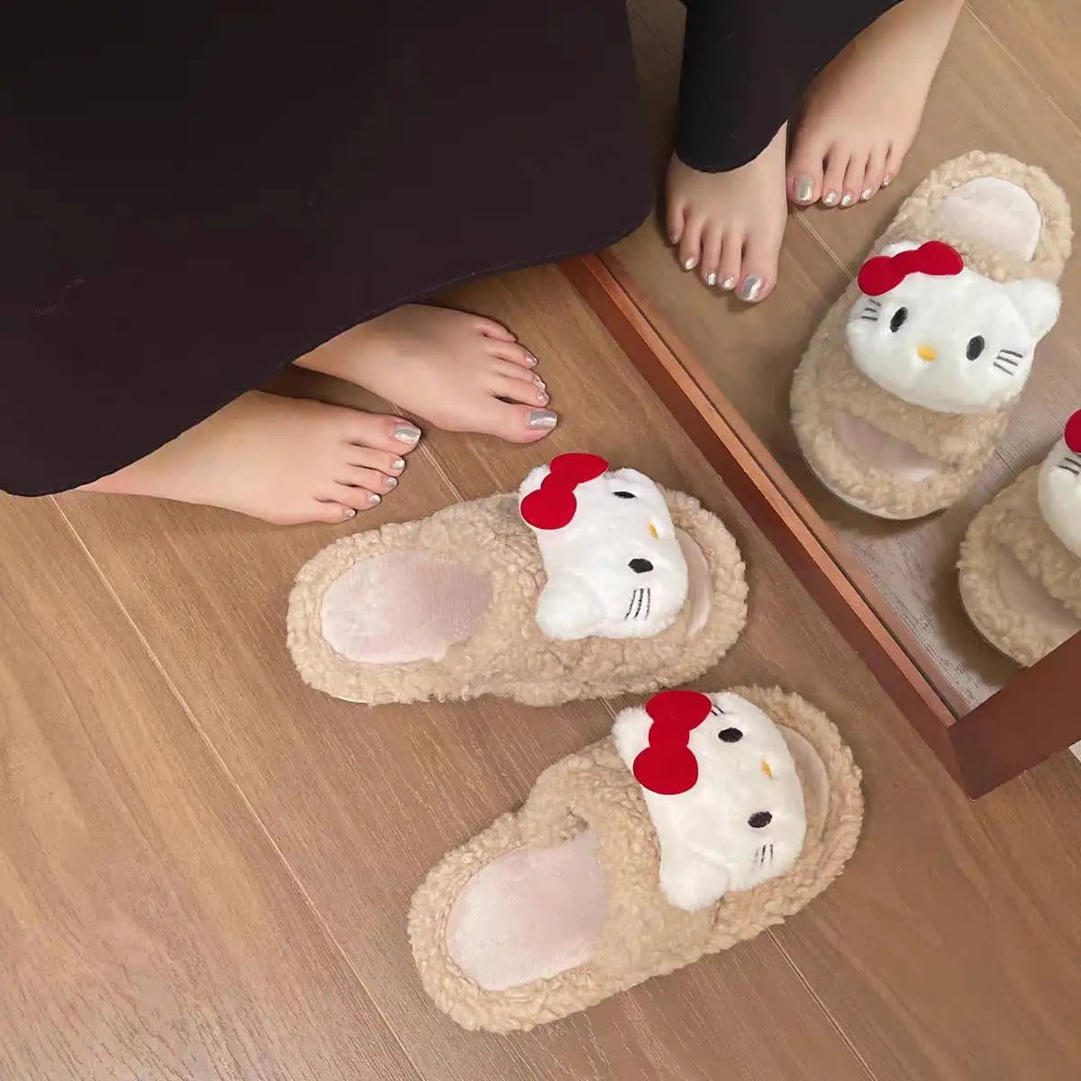 New Sanrio Sweet Hello Kitty Warm Cotton Slippers For Student Dormitory Comfortable One Word Hairy Adult Cotton Slippers