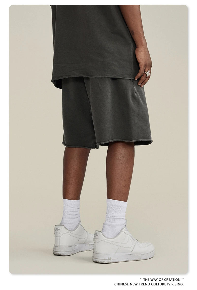ZODF New Summer Men Retro Washed Shorts Unisex Drawstring Loose Edge 420gsm Solid Knee Length Cotton Pants Streetwears HY0589