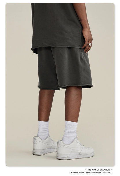 ZODF New Summer Men Retro Washed Shorts Unisex Drawstring Loose Edge 420gsm Solid Knee Length Cotton Pants Streetwears HY0589