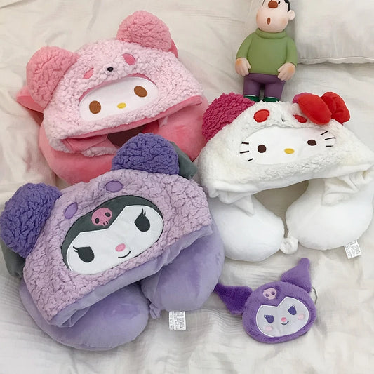 Stuffe Anime Hooded U-shaped Neck Pillow Hello Kitty Kuromi My Melody Travel Blackout Neck Pillow Office Nap Pillow Girl