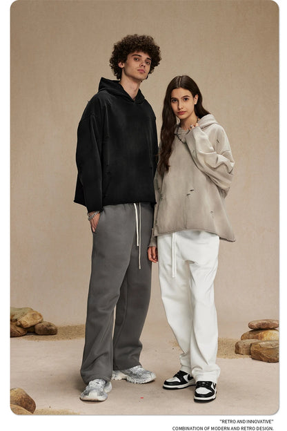 ZODF New Autumn Winter Men Monkey Washed Hoodies Unisex Disstressed Ripped Heavyweight Knitted 450gsm Hooded Pullovers HY0909