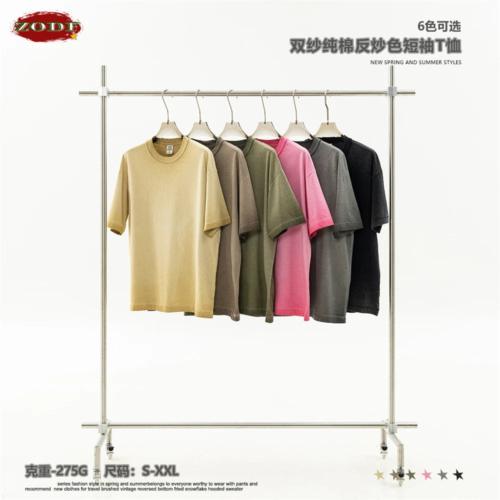 ZODF 2025 Summer Washed 275gsm Solid Cotton T-shirt For Men Unisex Oversized Short Sleeve T Shits Brand Tops HY0981