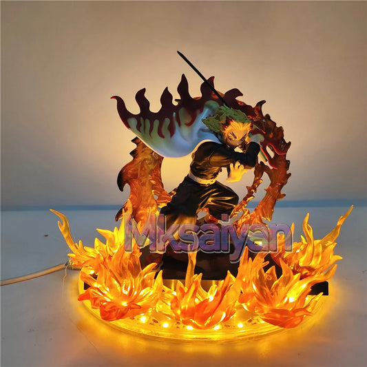 Demon Slayer Rengoku Kyoujurou Anime Figures Fire Led Scene DIY PVC Action Figure Toys Kimetsu no Yaiba Figurine Kids Doll 14cm