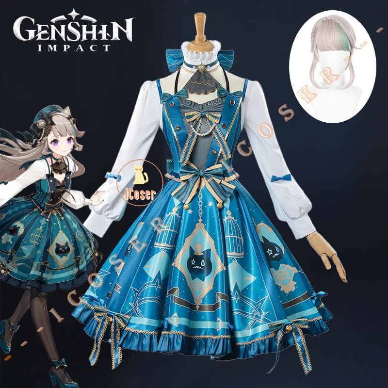 Genshin Impact Lynette Cosplay Costume Wig Dress Uniform Hat Magician Outfit Fontaine Halloween Party for Women Girls Game Props
