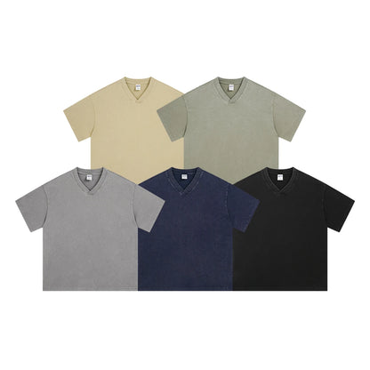 ZODF 2025 Men Summer 250gsm Batik Washed Cotton T-Shirts Retro Unisex Oversized V Neck Distressed T Shirt Brand Tees HY1067