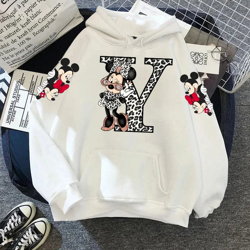 2024 Women's Winter Jacket Cute Kawaii Disney Mickey Mouse Lucky Letters Print White Hoodie Fashion Couple Streetwear Sportswear