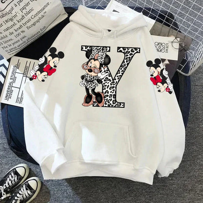 2024 Women's Winter Jacket Cute Kawaii Disney Mickey Mouse Lucky Letters Print White Hoodie Fashion Couple Streetwear Sportswear