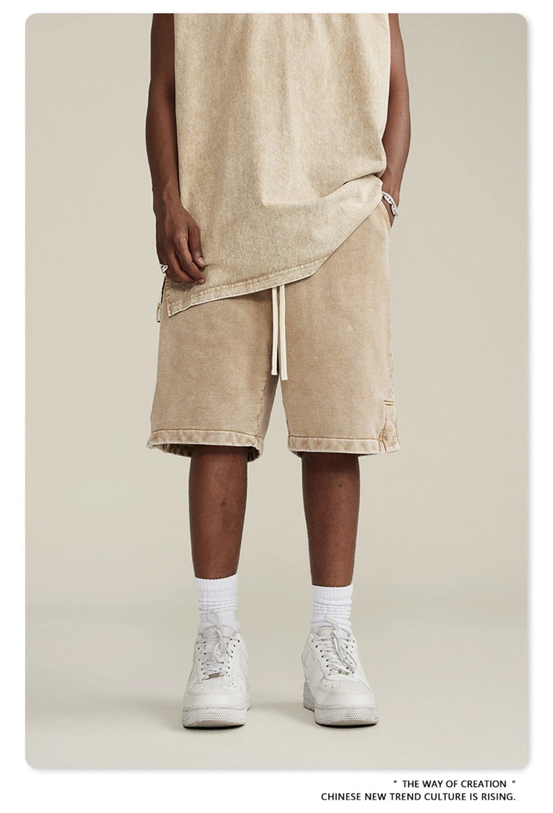 ZODF 2024 Summer Men 350gsm Washed Cotton Shorts Unisex Retro High Street Loose Side Slit Short Pants Streetwears HY0839