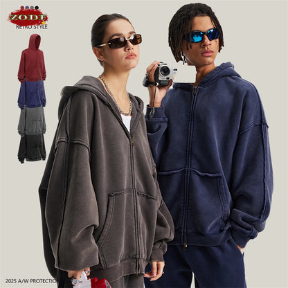 ZODF Vintage Man's Batik Washed Fleece Zipper Hoodie Unisex Winter Warm Distressed Hooded Coat Pullovers Brand Clothing HY1146