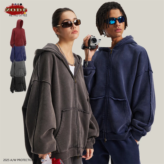 ZODF Vintage Man's Batik Washed Fleece Zipper Hoodie Unisex Winter Warm Distressed Hooded Coat Pullovers Brand Clothing HY1146