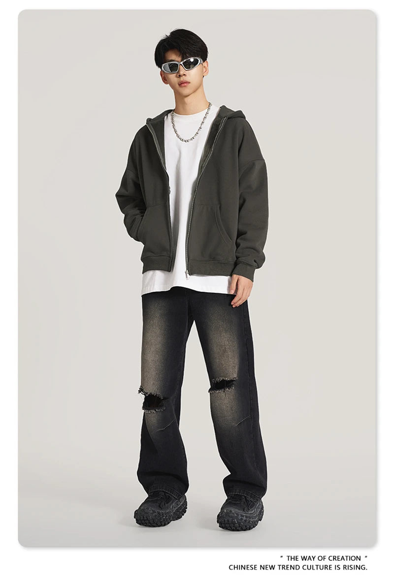 ZODF New Winter Men Zipper Fleece Hoodies Unisex Loose Heavy Weight Thick Warm Basic 420gsm Hooded Coats Hoodie HY0747