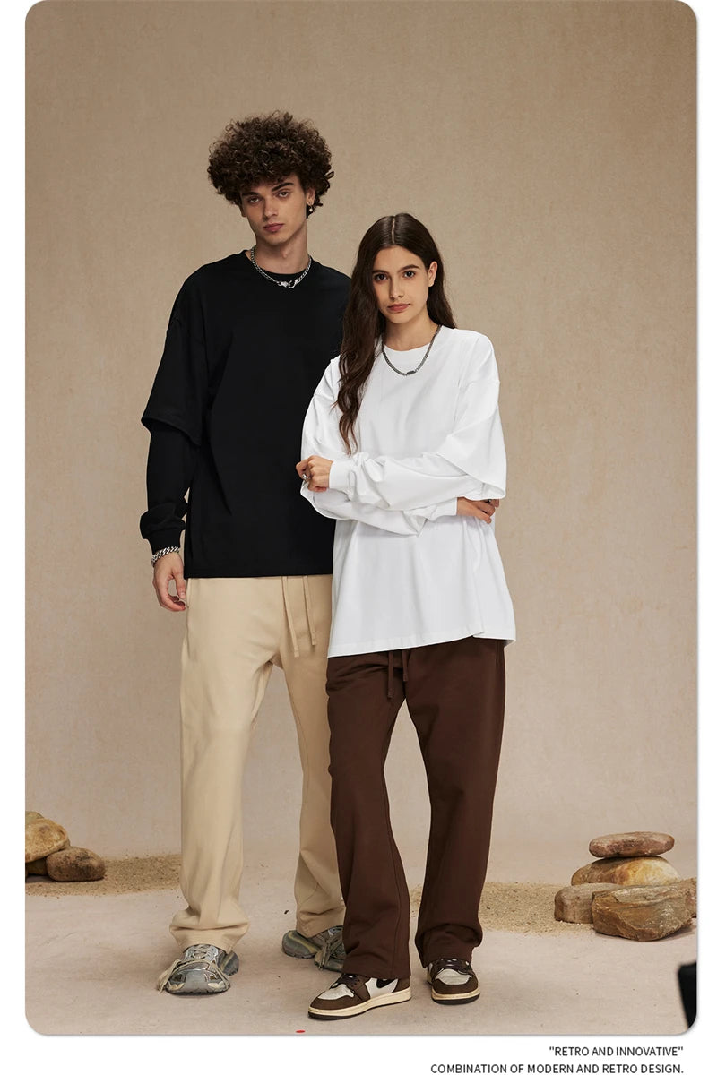 ZODF Fashion Spring Autumn Men 100% Cotton T-Shirt Unisex Fake 2-Piece 305gsm Solid Full Sleeve O Neck T Shirt Brand Tees HY0925