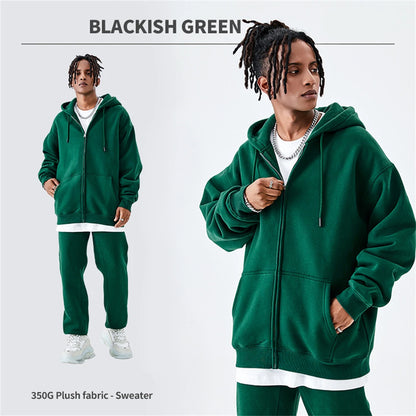 ZODF Basic Winter Men Fleece Zipper Hoodies Unisex Casual Loose 350gsm Warm Solid Hooded Sweatshirts Coats 18 Colors HY0726