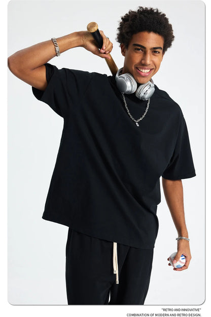 ZODF Trendy 2025 Men 275gsm Cotton T-Shirts Unisex Summer Patchwork Solid O Neck T Shirt Brand Tees HY1045