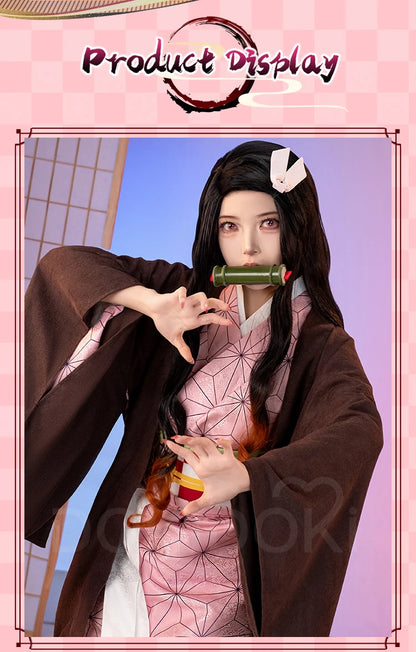 IN STOCK Kamadoo Nezukoo Cosplay Costume Anime DokiDoki-SR Women Pink Kimono Nezukoo Halloween Cosplay Wig Props