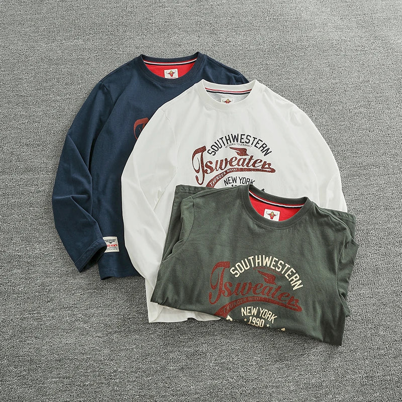 Autumn New American Retro Long-sleeved O-neck Letter Printed T-shirt Men's Fashion Simple 100% Cotton Washed Casual Sport Tops