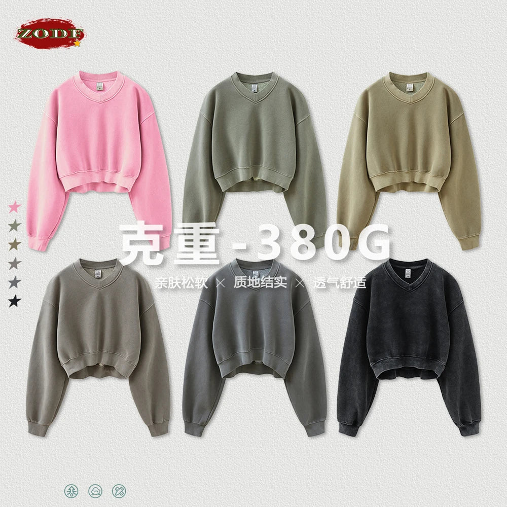 ZODF Winter Women Short Fleece Cropped Sweatshirts Girls Female Hip Hop Loose 400gsm V-Neck Pullovers Brand Tops HY0437