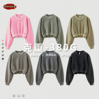 ZODF Winter Women Short Fleece Cropped Sweatshirts Girls Female Hip Hop Loose 400gsm V-Neck Pullovers Brand Tops HY0437